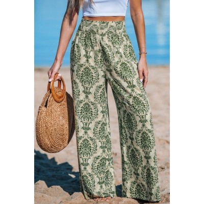 Green Damask Wide Leg Pants