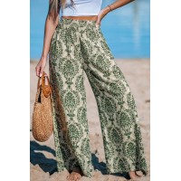 Green Damask Wide Leg Pants