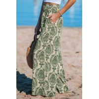 Green Damask Wide Leg Pants