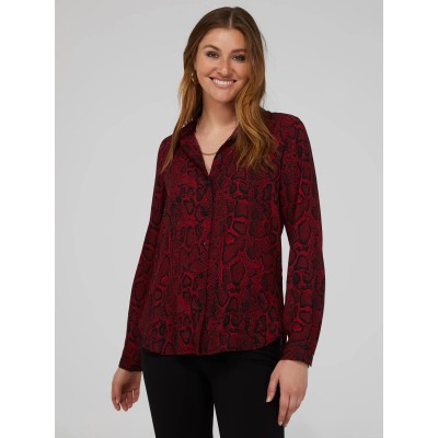 Snakeskin Print Crepe Long Sleeve Button-Front Blouse