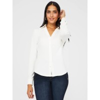 Split Neck Long Sleeve Button-Down Blouse Split Neck Long Sleeve Button-Down Blouse