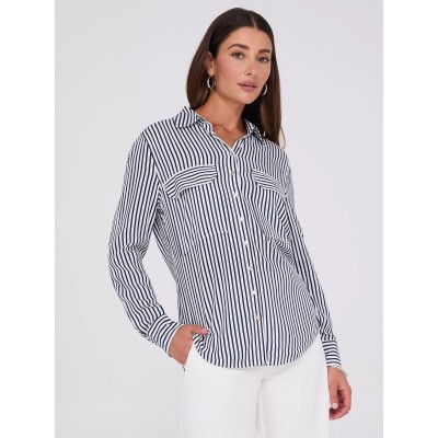 Striped Button-Up V-Neck Blouse