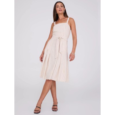 Striped Linen Knee Length Dress With Pockets