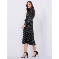 Striped Satin Button-Front Midi Dress