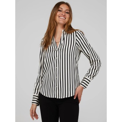 Striped Satin Split Neck Button-Front Blouse