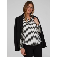 Striped Satin Split Neck Button-Front Blouse