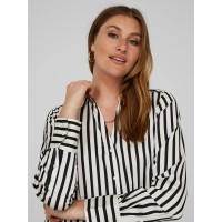 Striped Satin Split Neck Button-Front Blouse