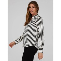 Striped Satin Split Neck Button-Front Blouse