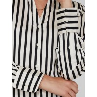 Striped Satin Split Neck Button-Front Blouse