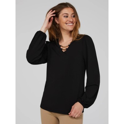 Textured Crepe Long Sleeve Top With Metal Chain Detail