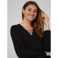 Textured Crepe Long Sleeve Top With Metal Chain Detail