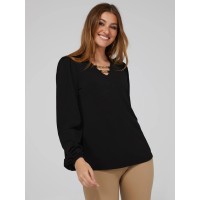 Textured Crepe Long Sleeve Top With Metal Chain Detail