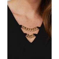 Textured Crepe Long Sleeve Top With Metal Chain Detail