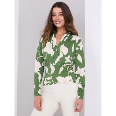 Textured Floral Print Pleated V-Neck Top