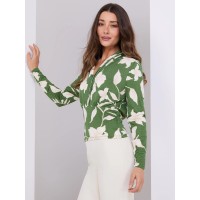 Textured Floral Print Pleated V-Neck Top