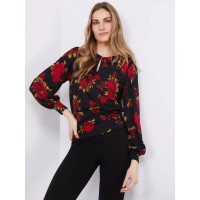Textured Floral Print Top With Front Keyhole