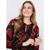 Textured Floral Print Top With Front Keyhole