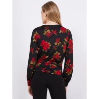 Textured Floral Print Top With Front Keyhole