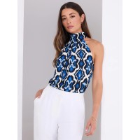 Tile Print Mock Neck Halter Top