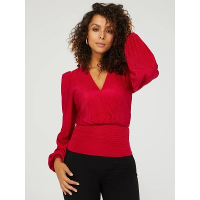 V-Neck Plisse Long Sleeve Top With Bottom Band