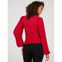 V-Neck Plisse Long Sleeve Top With Bottom Band