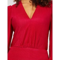 V-Neck Plisse Long Sleeve Top With Bottom Band