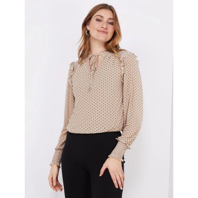 Velvet Dot Mesh Top With Ruffle Details