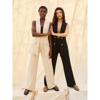 Wide-Leg Ankle Length Pants With Gold Button Details